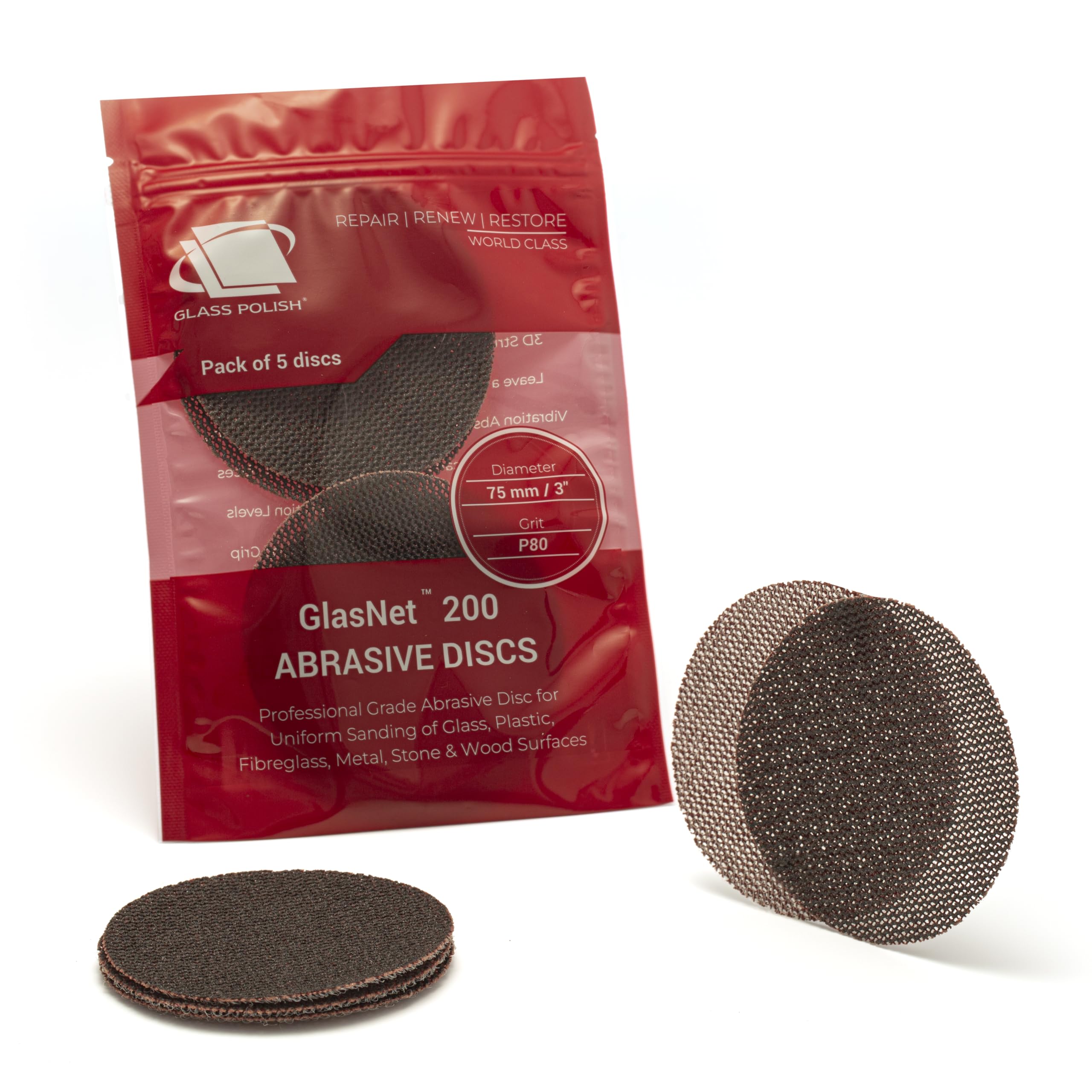 Glass Polish 3 inch (75mm) 80 Grit Pack of 5 Sanding Discs for Rotary Polisher - Net Mesh Silicon Carbide Abrasive P80 - GP14304