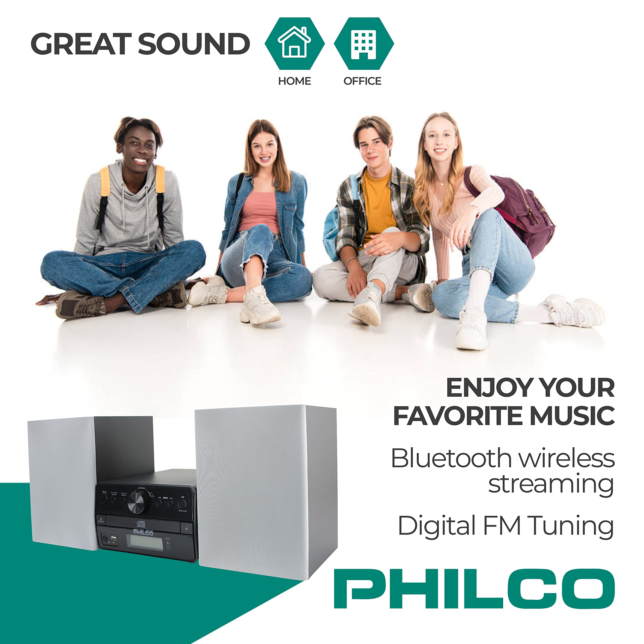 Philco Stereo Shelf Systems Tray Loading CD Player with Digital FM Radio, Bluetooth Streaming, Remote Control in Silver | LCD Display | 3.5mm Headphone Jack | MP3 & AUX Port Compatible | USB Input