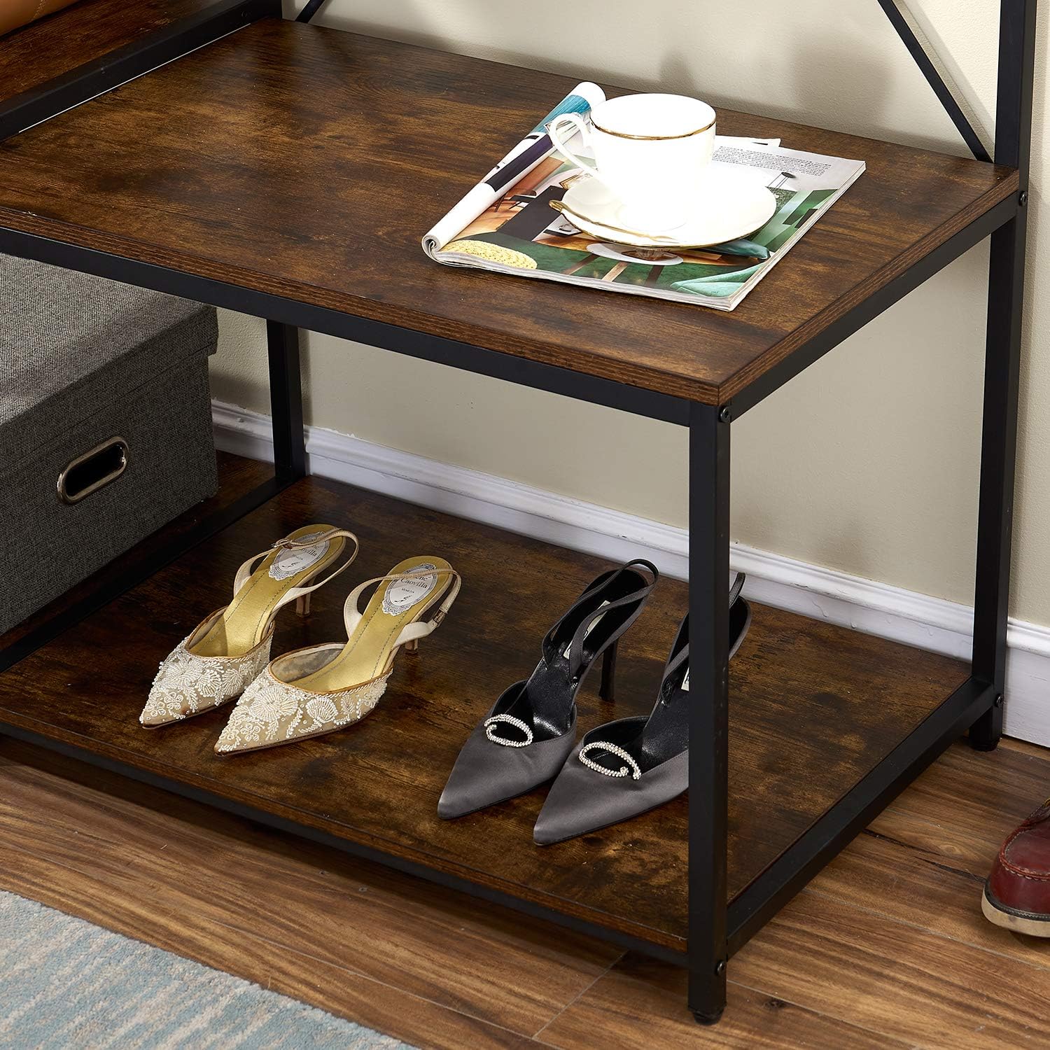 VECELO Coat Rack Bench,Hall Tree with 7 Hooks Entryway Storage 4 Shelves and 1-Tier Shoe Shelf,Wood Look Accent Furniture Metal Frame, Rustic Brown: Home & Kitchen