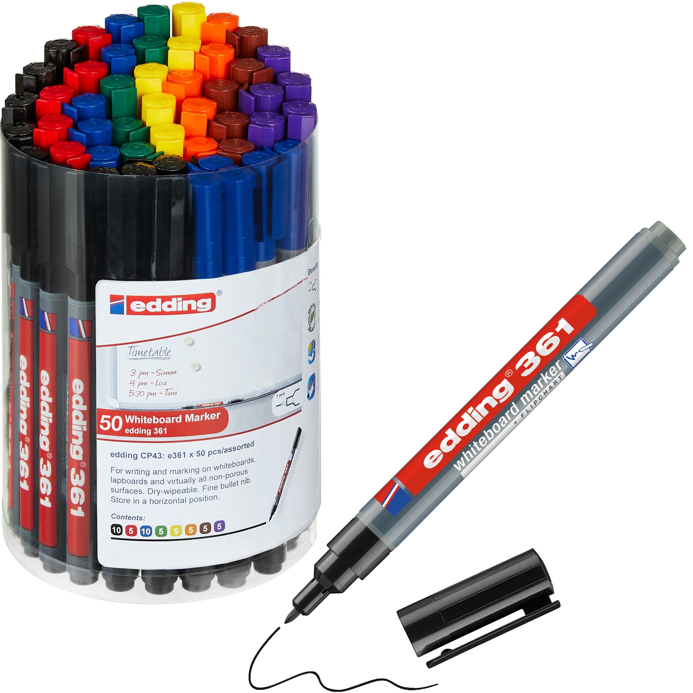 edding 361 whiteboard marker set - multi-coloured - 50 whiteboard pens - round tip 1 mm - whiteboard pen dry wipe - for whiteboards, flipcharts, magnetic, memo boards - sketchnotes - refillable — image 1