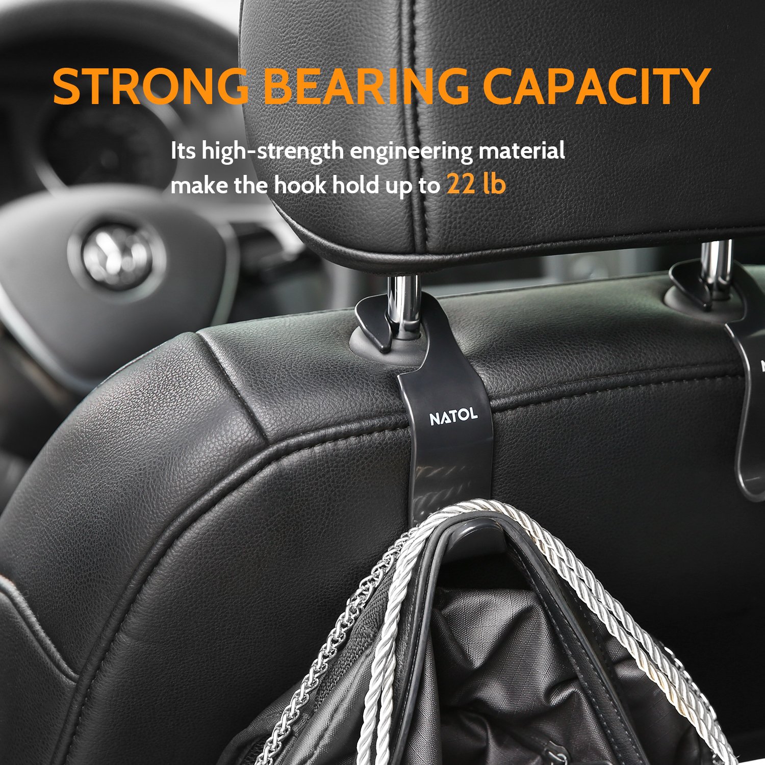 NATOL 4 Pack Car Seat Headrest Hooks, Strong and Durable Backseat Headrest Hanger Storage for Purses, Handbags, Coat and Grocery Bags