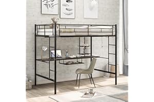 BOVZA Full Size Loft Bed with Desk and Shelves, Metal Loft Bed Frame with 2 Ladders and Safety Guard Rail, Space-Saving Bed for Kids/Teens Dorm Bedroom, Black