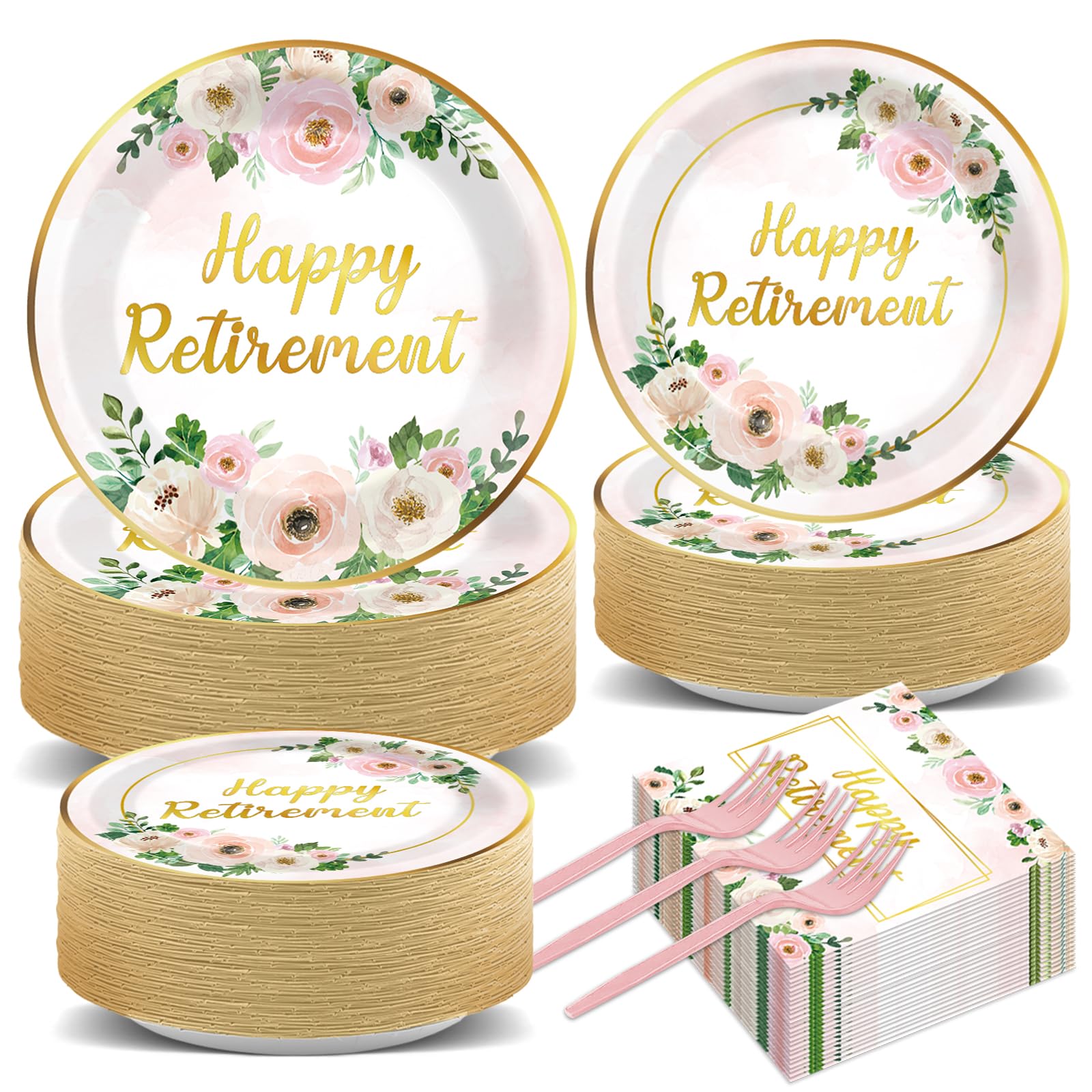View 1 of 200Pcs Flower Retirement Party Decor for Women White Peony Happy Retirement Plates Tableware Pink Gold Floral Retirement Dinnerware Napkin for Goodbye Going Away Farewell Party Supplies 50 Guests