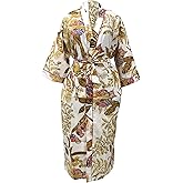 CRAFT KALA Women's Kimono Robe Long Robes with Colorful Crown Printed Blue Kimono Nightgown