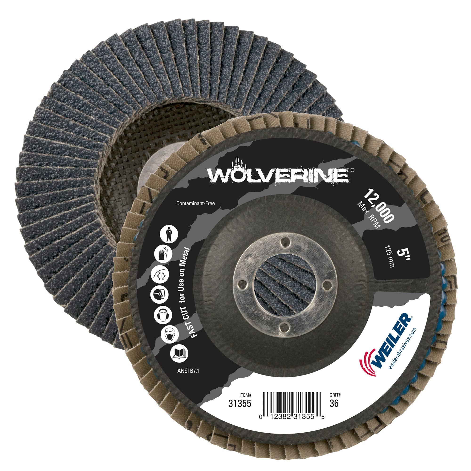 Weiler 31355 Wolverine 5″ x 7/8″ Arbor Hole Abrasive Flap Disc, 36 Grit Zirconia Alumina, Bevel Type 29, Phenolic Backing, Standard Density, (Pack of 10)