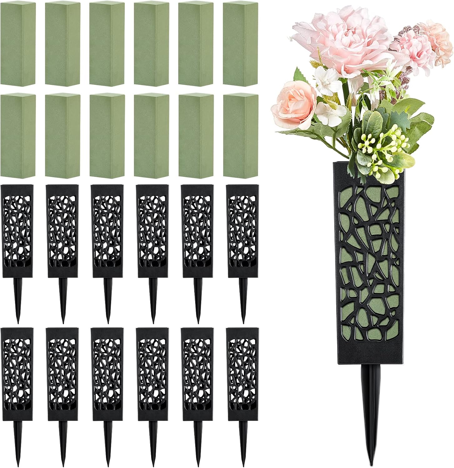 Decorative Garden Stakes - Zhehao 24 Pcs Graves Cemetery Vases with Green Floral Foam Blocks Grave Markers Flower Holder Graveyard Black Plastic Flower Holder with Drainage Hole Long Spikes for Graveyard Outdoor Memorials