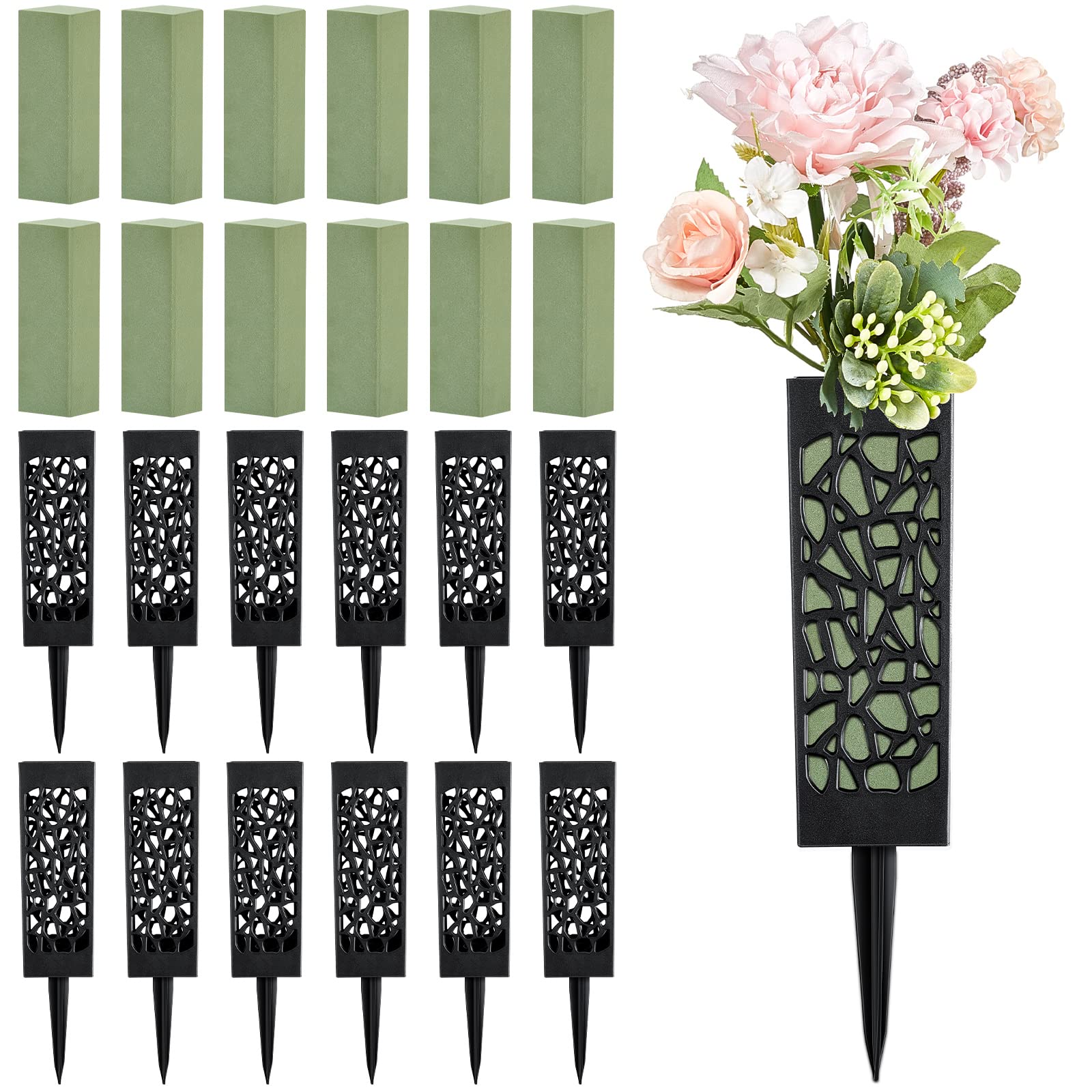 Photo 1 of 24 Pcs Veterans Day Memorial Cemetery Floral Holder Set Decoration 12 Inch Cemetery Vases for Grave with Foam Blocks Grave Markers Flower Holder with Drainage Hole Long Spikes for Graveyard Memorials