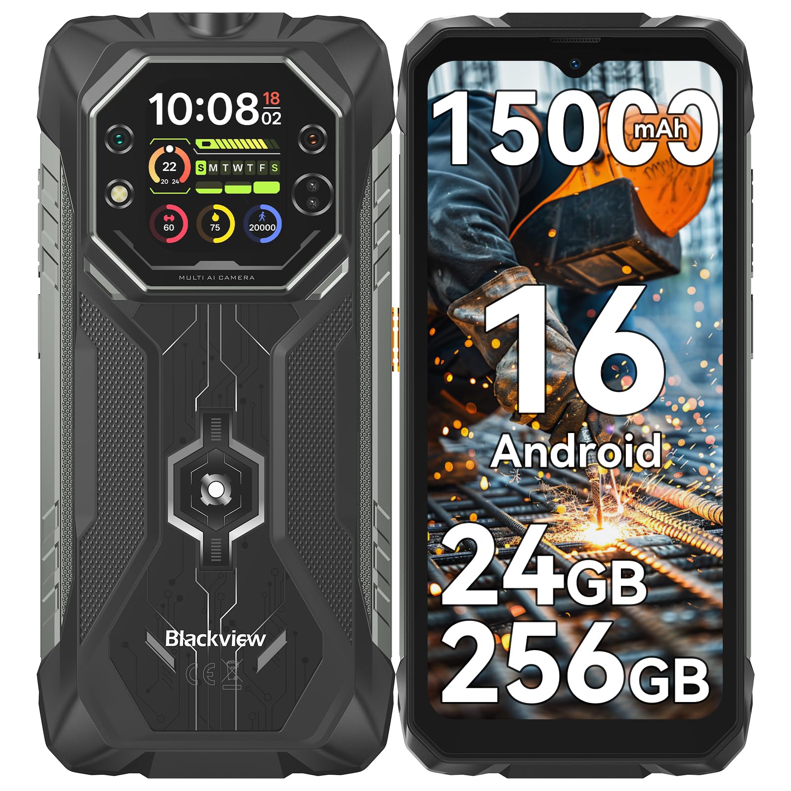 Blackview Rock 1 Android 16 Outdoor Handy für Baustelle &Camping, 15000mAh Dual-Screen Smartphone Ohne Vertrag, 20MP Nachtsicht,IP69K Wasserdicht, 24GB+256GB,Gemini AI/NFC/3 Jahre Garantie