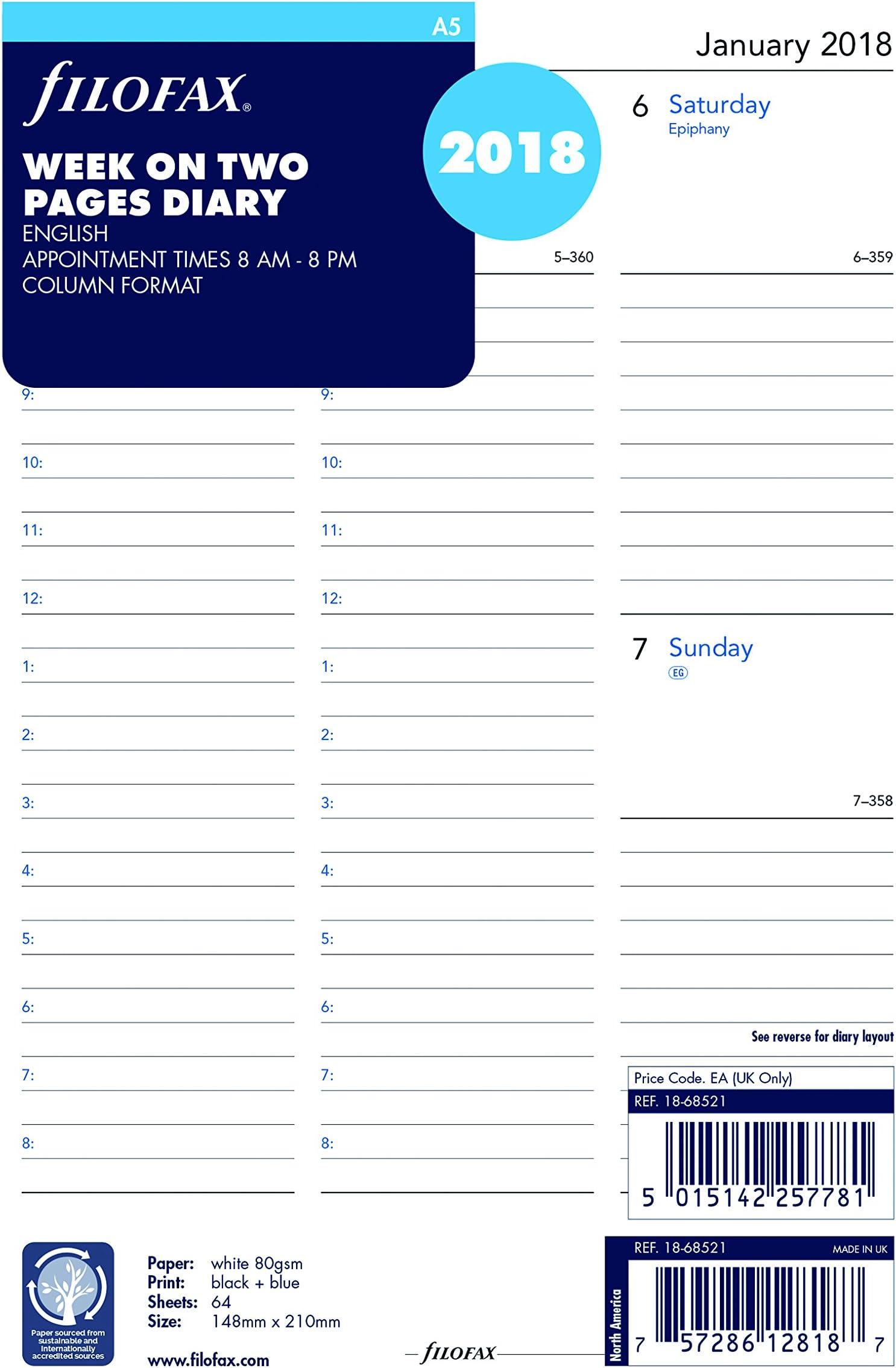 Filofax 2018 A5 Week to View Refill, English, 8.25 x 5.75 inches (C68521-2018)