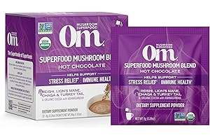 OM MUSHROOM SUPERFOOD Hot Chocolate Blend – Dutch Cocoa Mushroom Powder with Lion’s Mane, Reishi, Chaga & Turkey Tail – Focus, Calm & Stress Support – 2g Sugar, 25 Calories – Single Serve (10 Count)