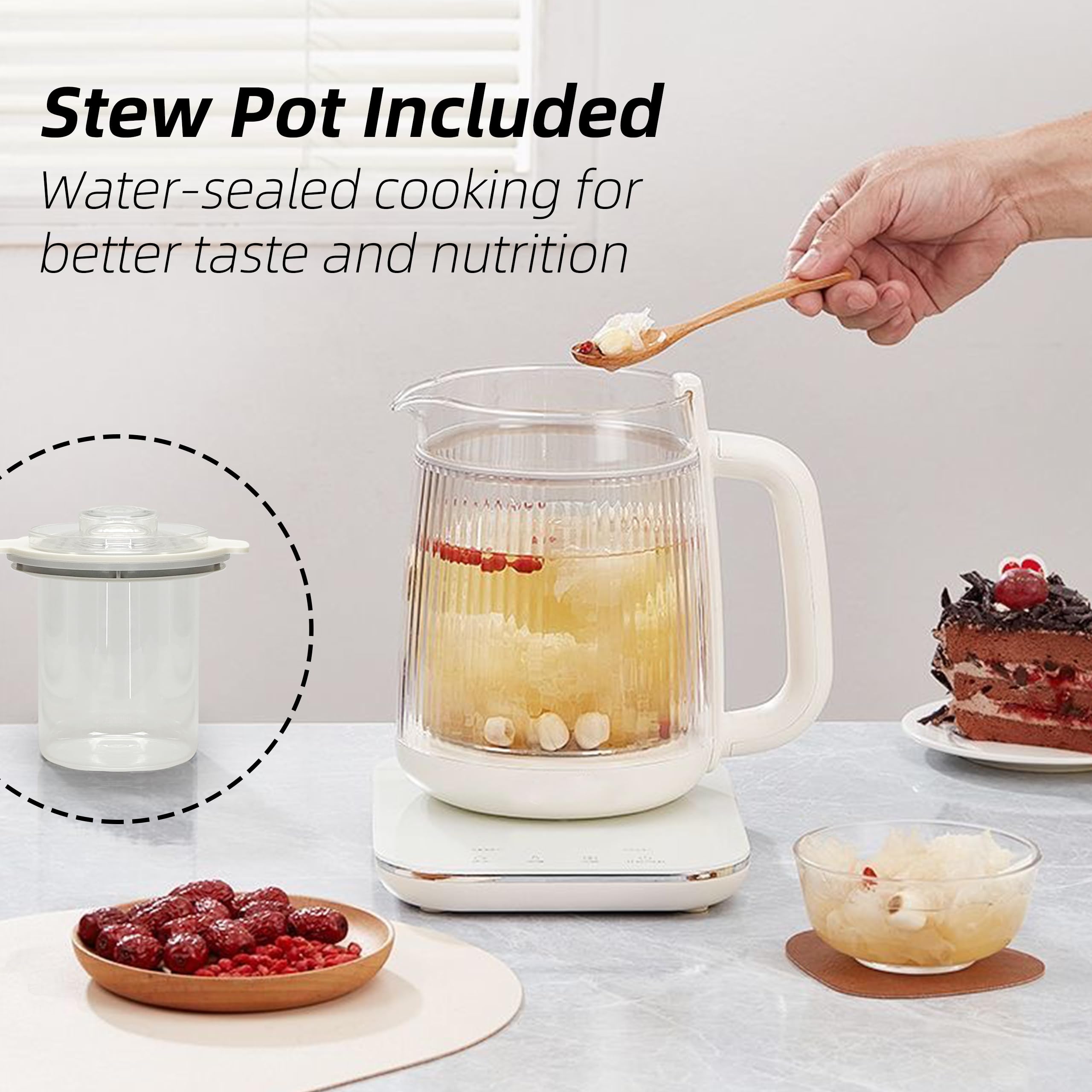 Health Pot, Hervidor eléctrico de vidrio de doble capa de 1,5 l con olla para estofado, tetera multifunción 9 en 1 para sopa, gachas, té de hierbas, base de acero inoxidable, panel táctil de vidrio, programable