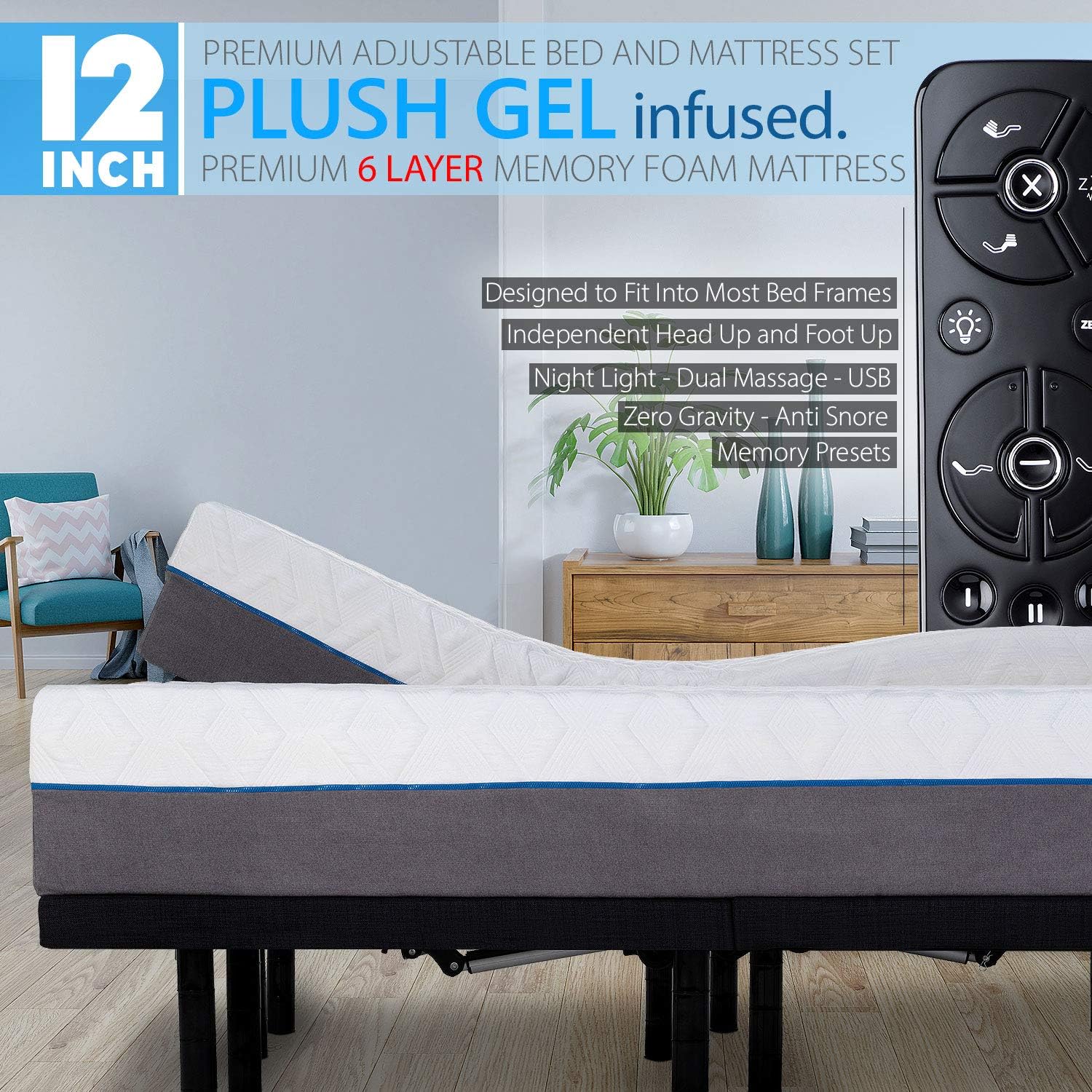 Blissful Nights 12" Split Cal King Cool Gel Infused Plush Memory Foam Mattress with e4 Premium Adjustable Bed Frame Combo, Massage, USB, Zero Gravity,Anti-Snore, Nightlight (Cal King Split)
