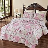 VIVILINEN Pink Patchwork Quilt Set Queen Size Reversible Quilted Bedspread Coverlet Set 3-Piece Floral Lightweight Comforter Stitched Bedding Set Bed Sheet Set Cover Blanket with 2 Pillow Shams | Pink Quilt Set, Patchwork Quilt Set, Reversible Bedspread, Queen Size Quilt, Queen Bedspread, Floral Quilt Set