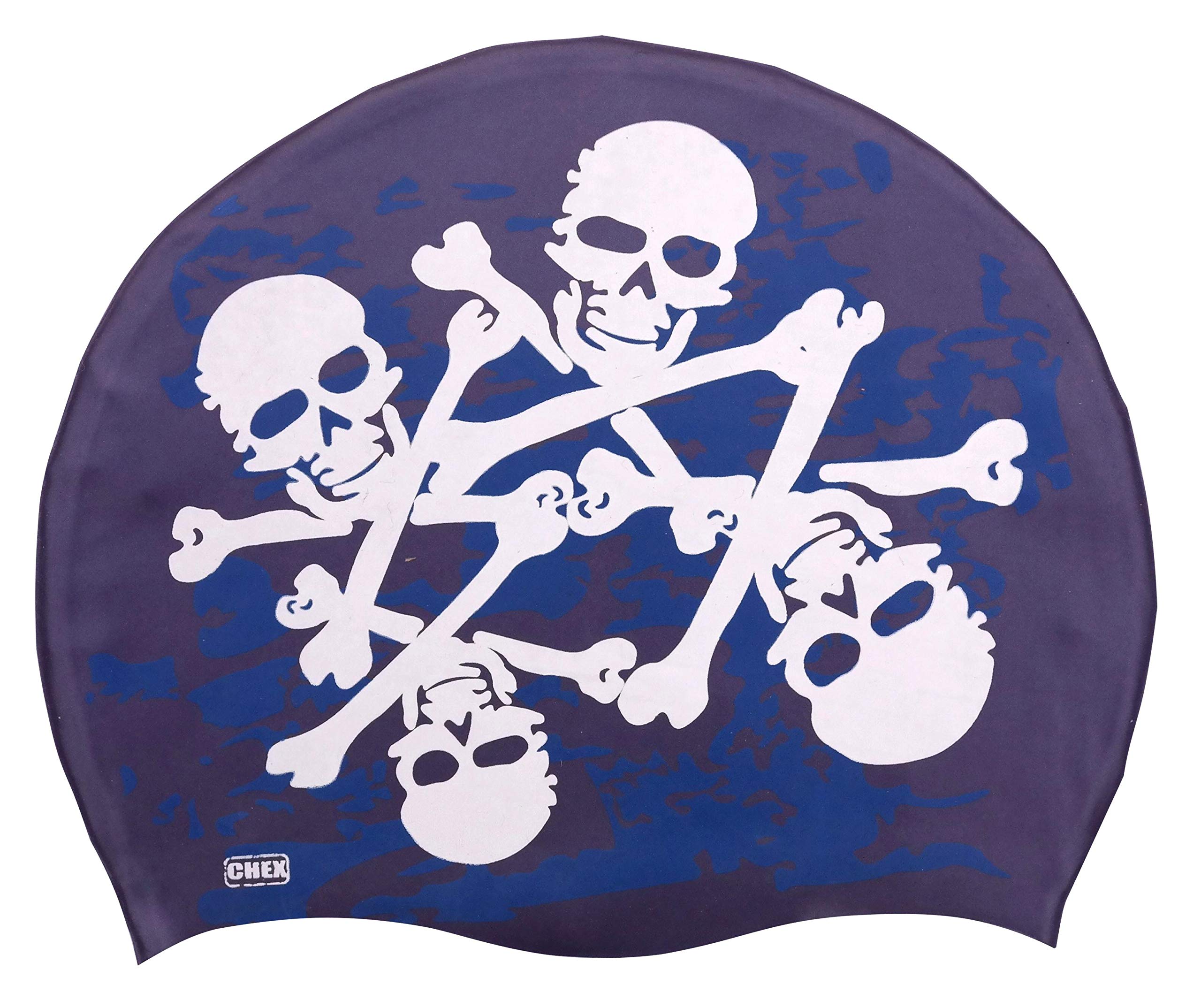 CHEX Stretchy Silicone Unisex Women Men One Piece Swimming Hat Swim Cap Pirates Skull & Cross Bones Fun Design Print One Size Adults Easy Pull On (Dark Purple)