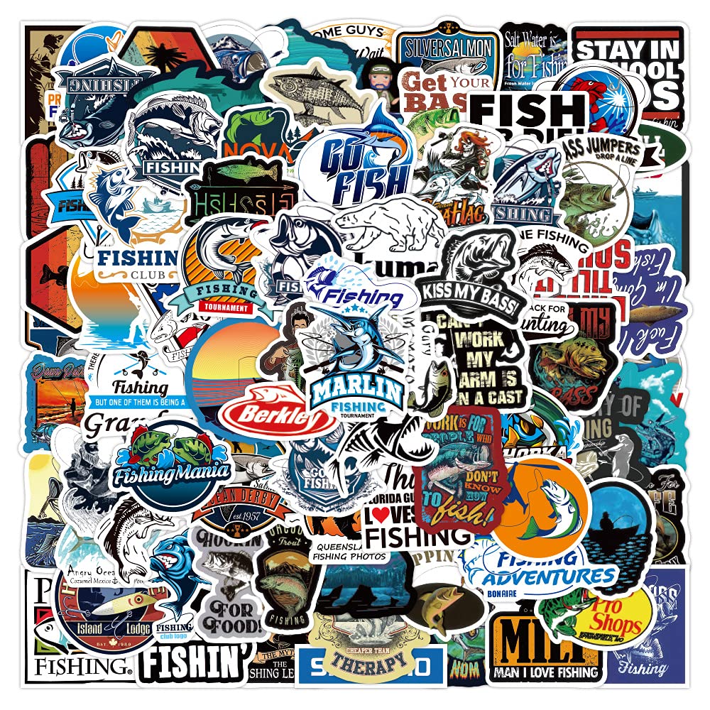 100Pcs Fishing Stickers, Go Fishing Club Stickers Packs, Waterproof Vinyl Outdoor Catch Fish Adventure Decals for Laptops, Cars, Skateboards, Water Bottles, Presents for Kids, Teens, Adults