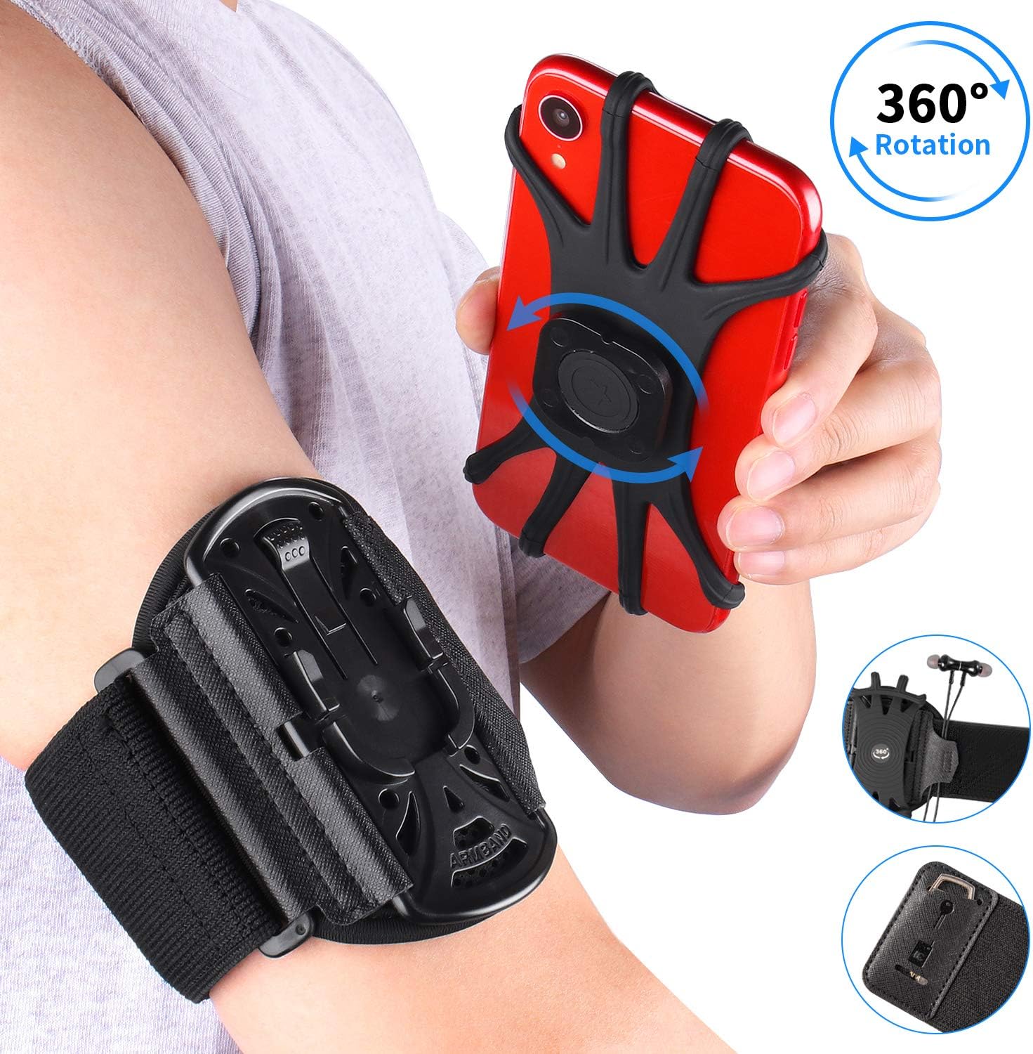 PEMOTech Running Armband for iPhone 12/12 Pro/11/11 Pro Xr XS X 8 7, Samsung Galaxy S9 S8 Up To 6.5", Armband Phone Holder with Key Pocket and Headphone Strap for Gym, Running, Biking, Hiking