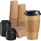 Gusto [50 Sets] 16 oz. Disposable Kraft Coffee Cups with Black Lids, Sleeves - to Go Paper Hot Cups - Formerly Comfy Package