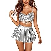 Avidlove Rave Outfits for Women Sequin Fringe Outfits Cosplay Lingerie 3pack Costume Set with Metallic Skirt