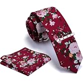GUSLESON Fashion 2.4"（6cm） Cotton Floral Printed Necktie Tie Clip and Pocket Square Sets + Gift Box