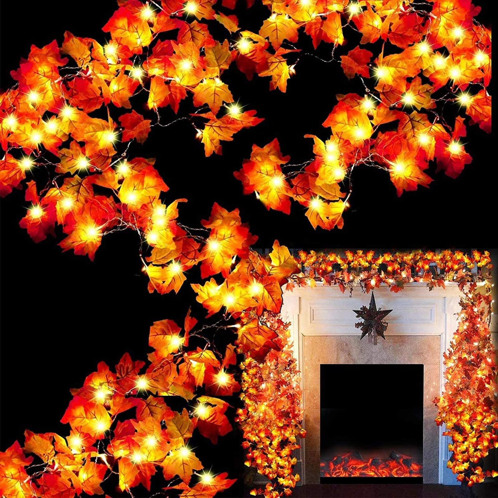 Photo 1 of TURNMEON 6 Pack Fall Decor Enlarged Maples Leafed Garland, 60Ft 120LED Halloween Fall Decorations for Home Fall Lights Garland, Battery Operated Waterproof Thanksgiving Decor Indoor Outdoor Christmas