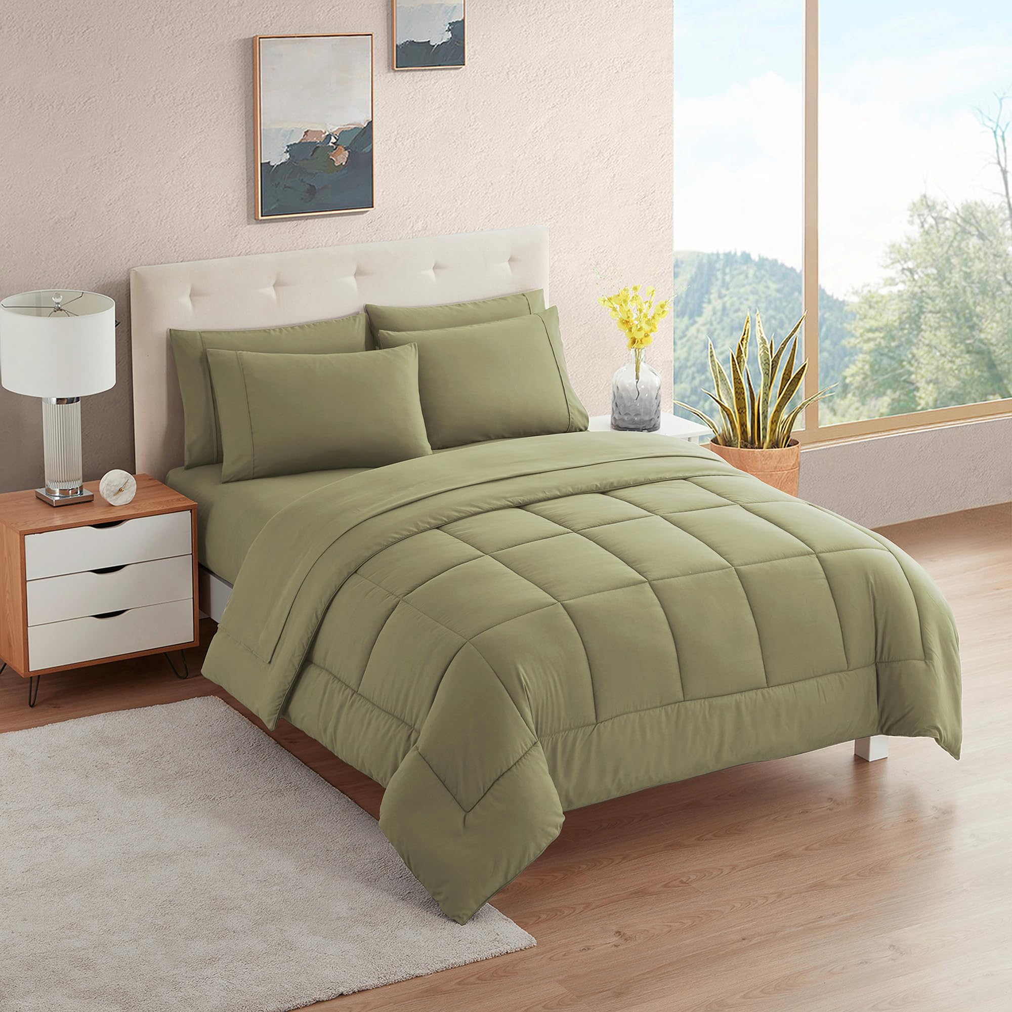 Photo 1 of Sweet Home Collection 5 Piece Comforter Set Bag Solid Color All Season Soft Down Alternative Blanket & Luxurious Microfiber Bed Sheets, Sage, Twin