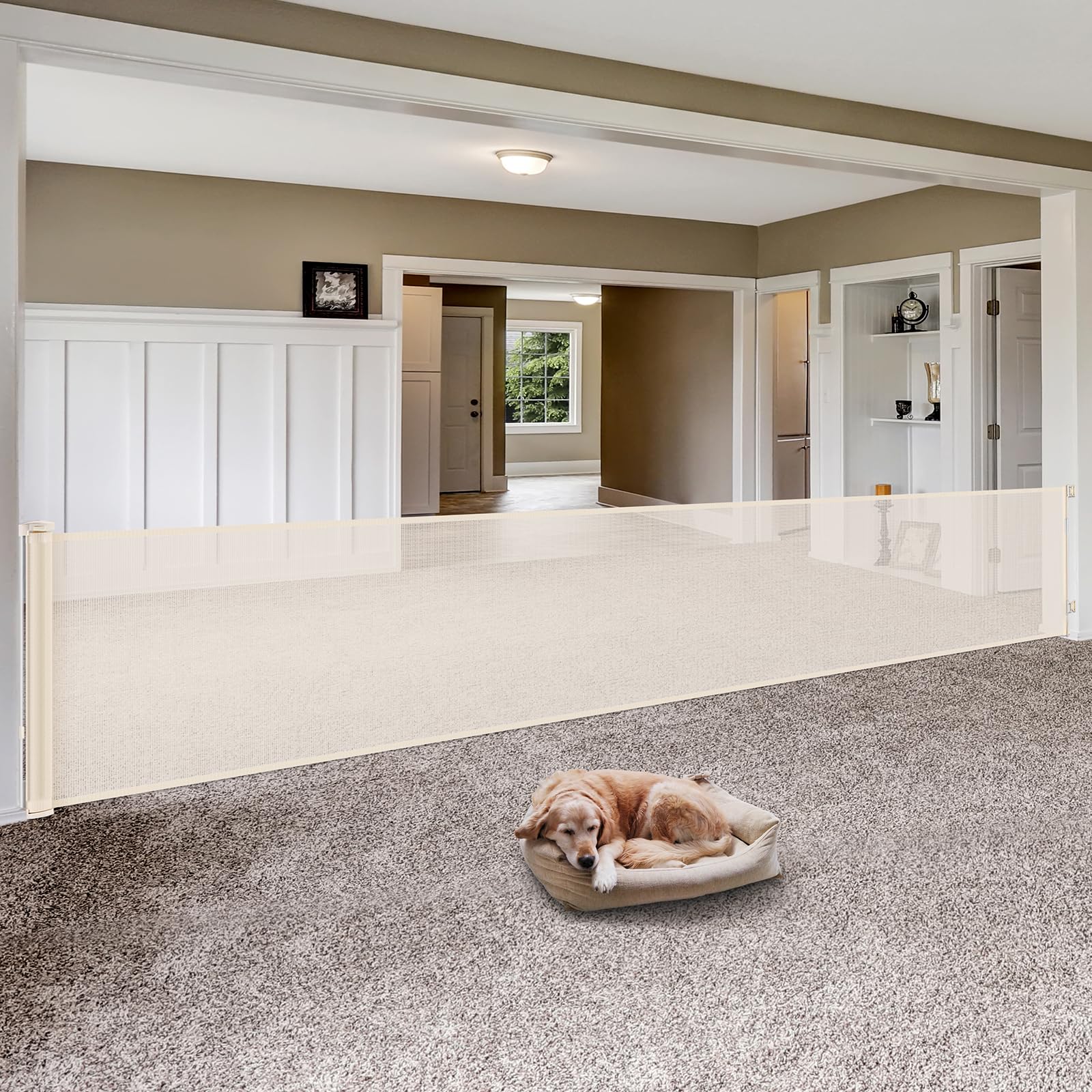 Photo 1 of 145 Inch Retractable Baby Gates Extra Wide Retractable Dog Gate for Large Openings – Indoor Extra Long Baby Gate Retractable Fence Outdoor Mesh Dog Gate Retractable Pet Gate, Beige