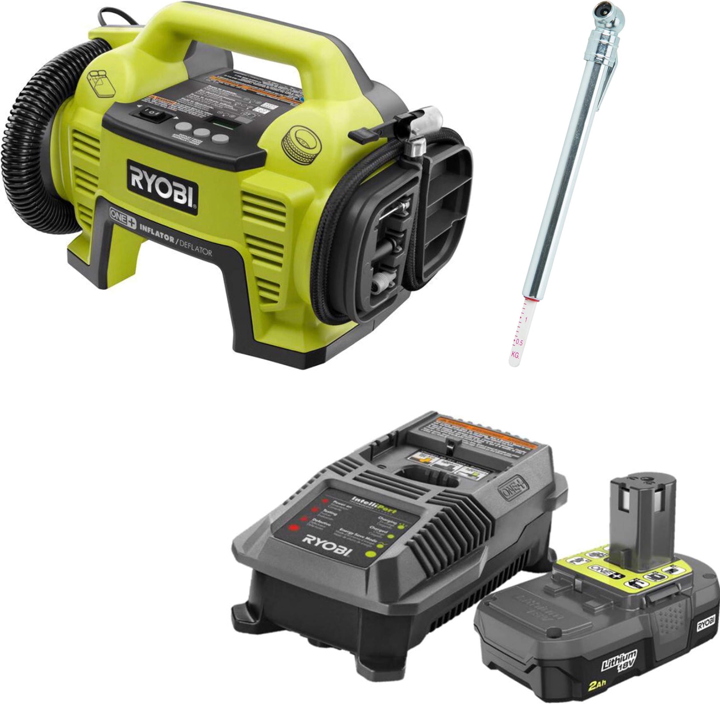 Ryobi P731 One+ 18v Dual Function Power Inflator/Deflator with Charger, P163 Lithium-ion 2.00Ah battery and Pittsburgh Automotive Pencil Tire Gauge (Bundle)