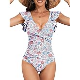 B2prity Women's One Piece Swimsuit Ruffle Slimming Tummy Control Bathing Suit Criss Cross High Waist 1 Piece Swimwear