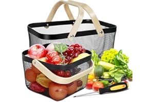Dualshine 2 Pack Garden Harvest Basket, Metal Mesh Wire Picnic Basket with Handle, Rectangle Garden Baskets for Gathering Vegetables, Fruits, Kitchen, Home Cabinet Closet and Office(Black)