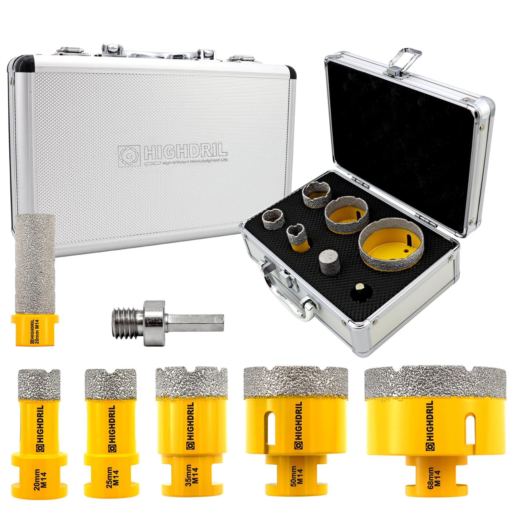 HIGHDRIL Diamond Hole Saw Kit - 20/25/35/50/68mm Drill Bits+20mm Finger Bits+Adapter,7Pcs Diamond Core Drill Bit Set for Porcelain Ceramic Tile Granite Marble — image 1