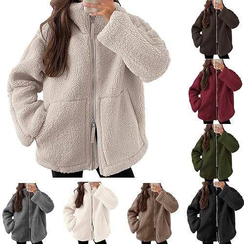 Teddy Fleece Jacket Women Winter Warm Soft Fluffy Fleece Coats Full Zip Teddy Cardigans Ladies Cozy Fluzzy Coat Long Sleeve Lapel Jacket Sherpa Sweatshirt Causal Outwear With Pockets Autumn Clothes
