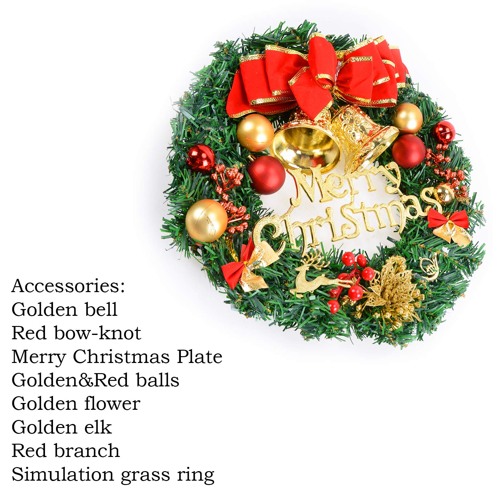 Voilamart Christmas Wreath 40CM/16Inch Artificial Garland with Bowknot Bells and Baubles Xmas Decorations for Fireplaces Stairs Wall Door