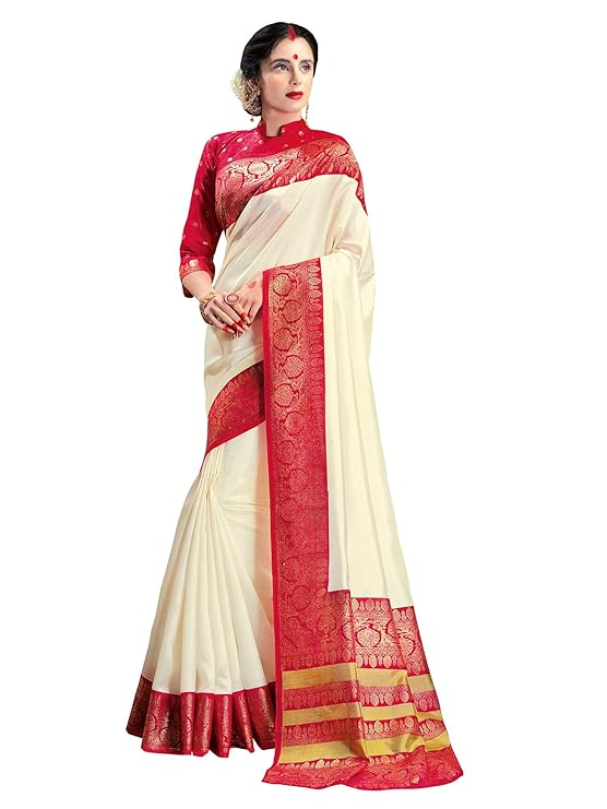 Women's cotton silk bengali puja red & white saree (durga Puja)