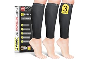 BLITZU 3 Pairs Calf Compression Sleeves for Men and Women. Footless Compression Socks & Leg Support for Running, Travel, Nursing, Fitness. Shin Splints Pain Relief & Reduce Swelling Black L-XL