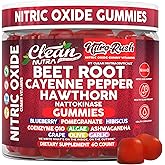 Nitro Rush Nitric Oxide Gummies Beet Root Cayenne Pepper Pomegranate Vitamin C Hawthorn Nattokinase Blueberry Hibiscus Coenzyme Q10 Algae Ashwagandha Root Grape Olive Garlic 60 Count by Clean Nutra