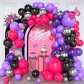 Hot Pink and Purple Balloon Arch Kit 125Pcs Purple Black Balloon Garland | Purple Pink Black Balloons Garland Kit with Metallic Silver Party Balloons for Kids Birthday Baby Shower Party Decorations