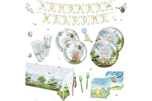 AURORAPARTY 122pcs Vintage Bear Baby Shower Party Supplies Watercolor Green Leaves Plates for Boys Girls Newborn Kids Napkins Cups Fork Tablecloth Banner Birthday Decorations for 24 Guests