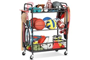 EXTCCT Ball Storage Sports Equipment Organizer - Garage Storage Cart Rolling Ball Storage Rack with Hooks Wheels Outdoor Indoor Gym Gear Toy Holder Bin for Basketball, Baseball, Soccer