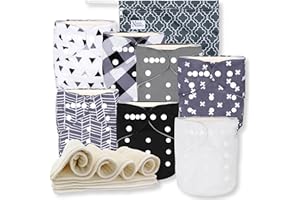 Nora's Nursery Cloth Diapers 7 Pack with 7 Inserts & 1 Wet Bag - Waterproof Cover, Washable, Reusable & One Size Adjustable Pocket Diapers for Newborns and Toddlers - B&W Unisex 2