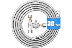 HAOCHEN Fridge Water Line Kit - 30FT Premium Stainless Steel Braided Refrigerator Water Line with Tee Stop Valve,Foodgrade PEX Inner Tube Ice Maker Water Line with 1/4" Fittings for Refrigerator Ice Maker