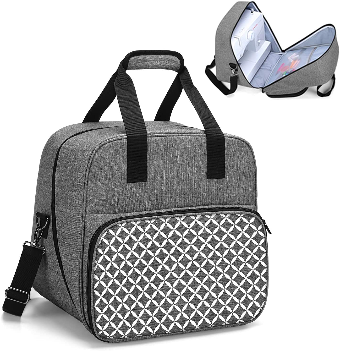 Yarwo Sewing Machine Bag with Bottom Wooden Board, Universal Sewing Machine Case Fit for Most Standard Sewing Machine and Accessories, Grey with Oval Pattern