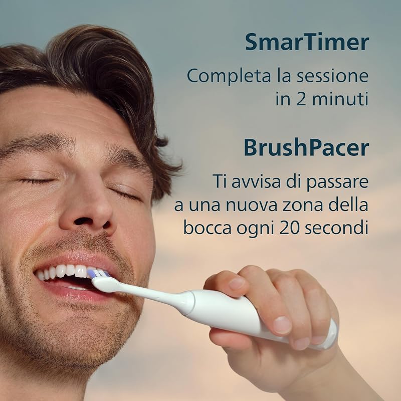Sonicare 6100, spazzolino sonico con 2 modalità di spazzolamento e 3 livelli di intensità, avviso di pressione, EasyStart, SmarTimer, custodia da viaggio, bianco, HX7400/02 [Nuova tecnologia]