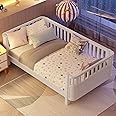 KEIKI Twin Size Wooden Floor Bed, Montessori Platform Bed Frame with Low Profile & Safety Rails, Space Saving Kids Beds for Boys Girls Bedroom, No Box Spring Needed, Easy Assembly, Noise Free, White