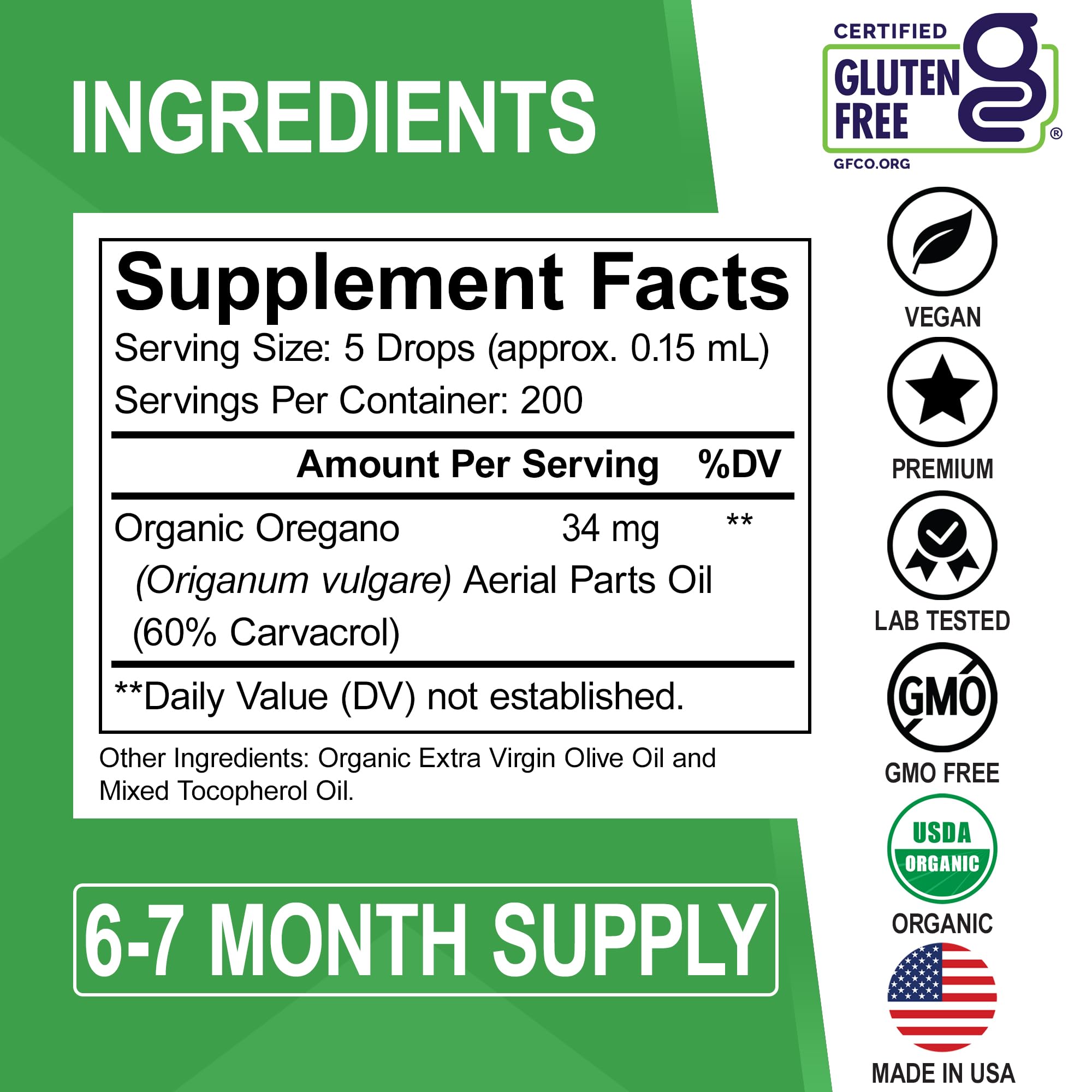 Oregano Oil Organic Liquid Drops - 6 Month Supply Organic Oil of Oregano Drops Liquid Tincture Extract, Cleanse, Detox, Immune Support, Digestive Gut Health - Pure Vegan Non-GMO Herbal Tincture 1 oz