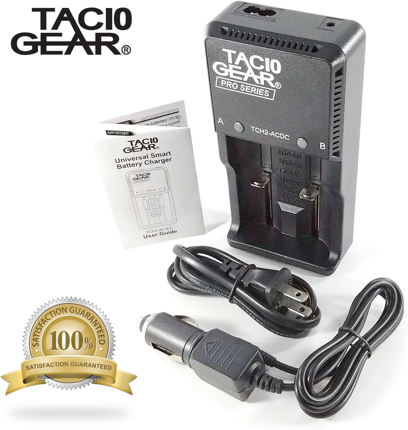 TAC10 GEAR UL Certified H2e Universal Battery Charger - AC or DC Power Source - Charges Li-Ion 18650 18490 RCR123 CR123A 26650 10440 14500 16340 17335, Ni-MH, Ni-CD AA AAA C (NO Batteries)