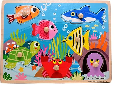 Vibgyor Vibes Vibgyor Vibes; MDF Wooden Early Age Matching Jigsaw Puzzle for Kids with Knobs (Sea/Ocean/Aquatic Animals Theme)- Pack of 1