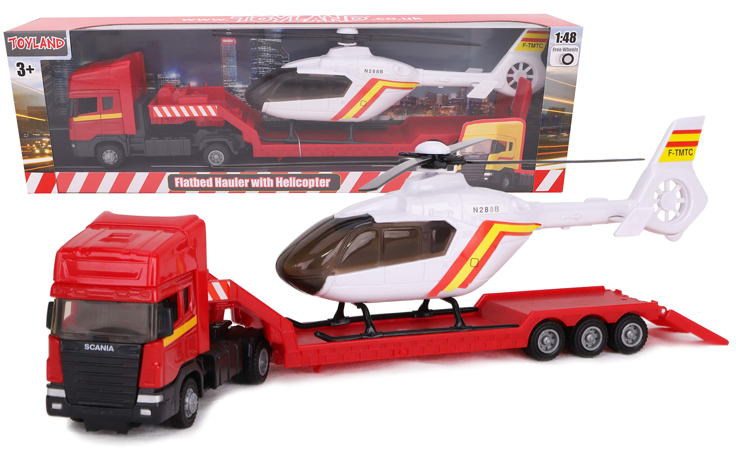 Toyland® Scania Flatbed Hauler With Helicopter - 1:48 Scale - Free Wheel - Transport Vehicle Toys - Vehicle Collectables - Boys Toys (Red Truck/White Helicopter)