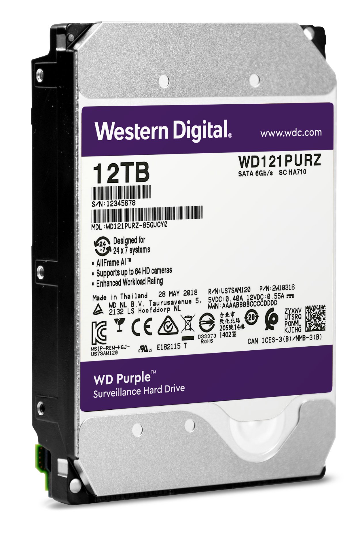 Western Digital 12TB WD Purple Surveillance Internal Hard Drive HDD - SATA 6 Gb/s, 256 MB Cache, 3.5