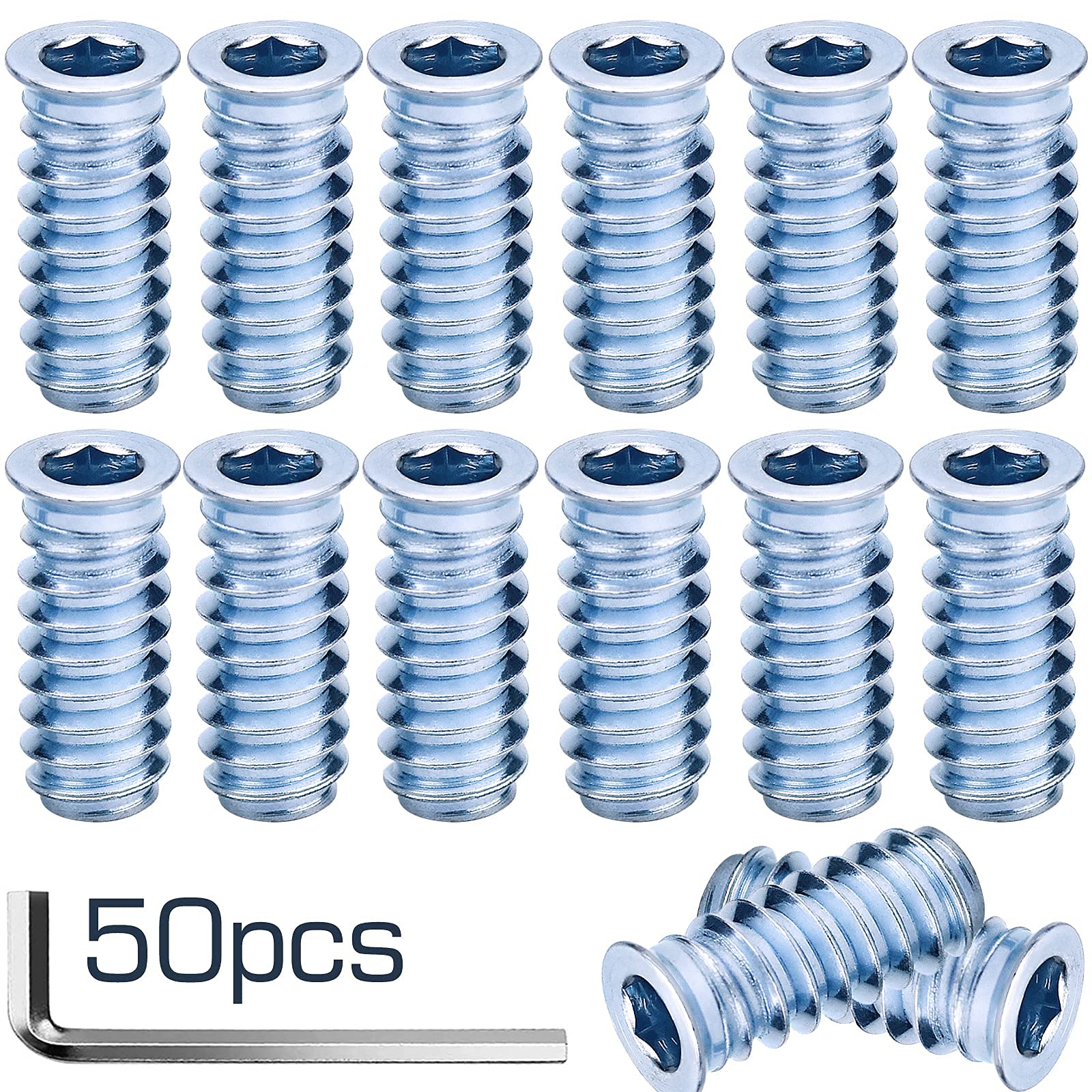 ZEHUO Insert Nuts for Wood, M6 x 25 mm, Threaded Bushing, Threaded Insert, Screw-In Nuts with Cap, Hex Allen Nuts Made of Galvanised Steel, Pack of 50