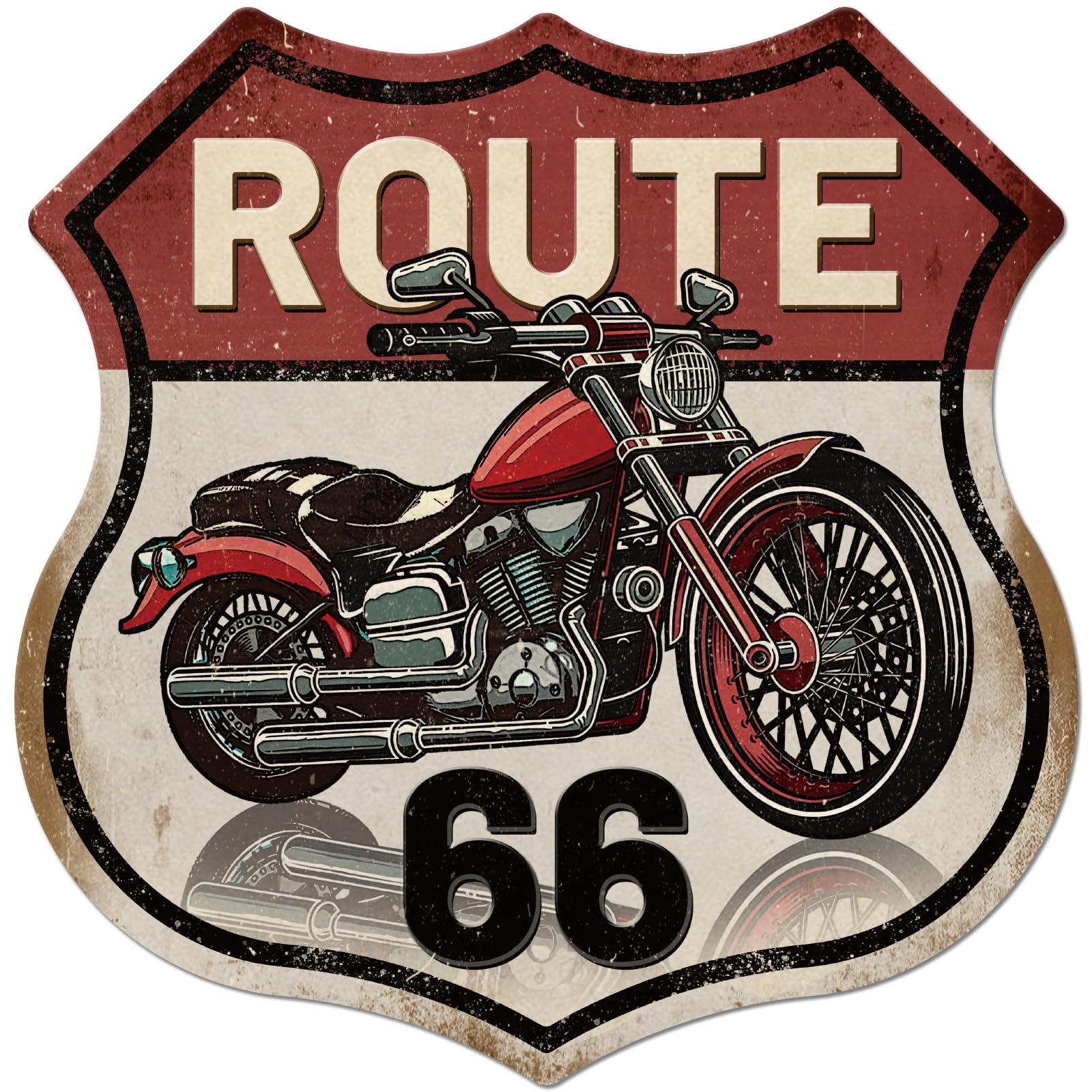 GLOBLELAND Vintage Metal Motorcycle Tin Sign Retro "Route 66" Shield Metal Wall Decor Funny Decorative Tin Sign Art Plaque Poster 12×12"/30x30cm for Home Kitchen Bar Club Decoration